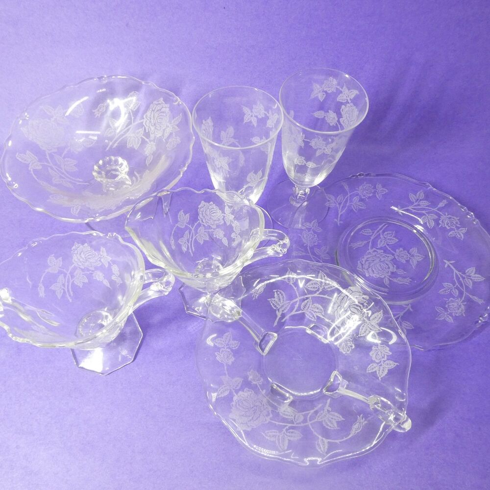 Heisey Rose Clear Etched Glass Vintage Lot - Creamer Sugar Footed Bowl Goblet